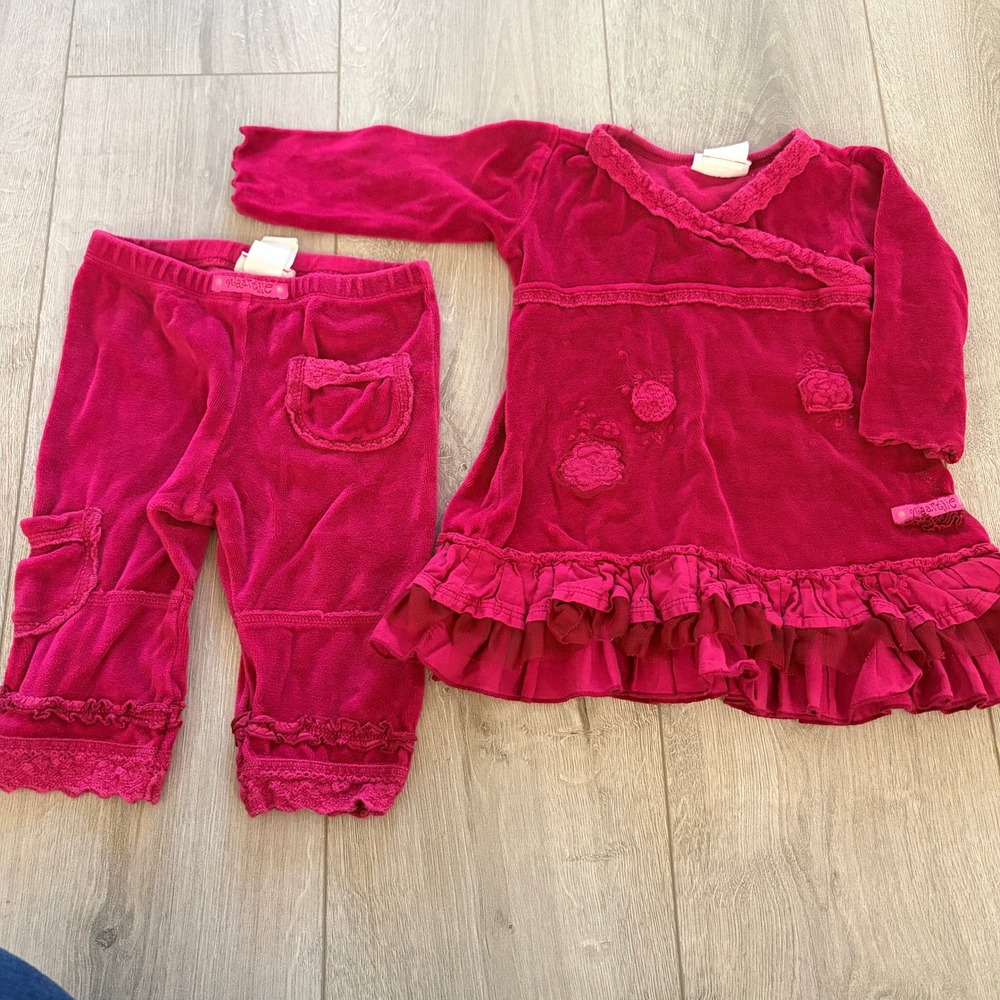 Naartjie Velour Ruffle Tunic & Pants Set 12-18 Months Magenta Floral Boho Baby